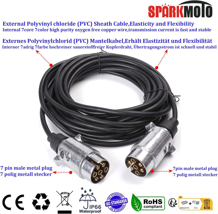 SPARKMOTO Anhänger Verlängerungskabel 7 polig mit Metall Anhänger Stecker, 6m Arbeitslänge Elektroka