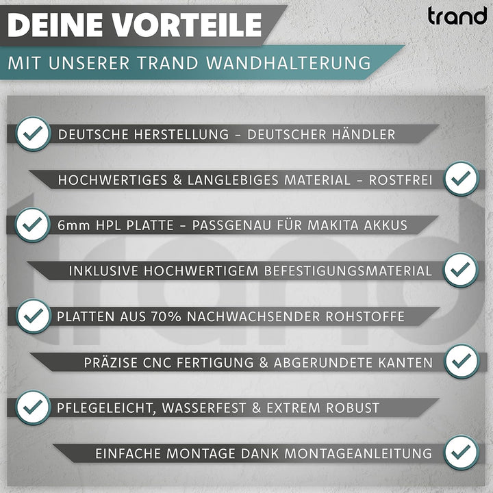 trand Wandhalterung für Makita Akku &amp; Ladegerät I Akkuhalter 18v/14,4v Makita inkl. Montagematerial