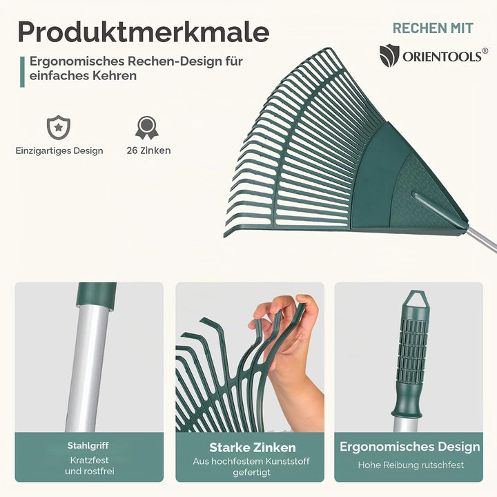 ORIENTOOLS Garten Laubrechen, Garten Rechen für Rasen Laub mit verstellbarem Griff 120 bis 165 cm Re