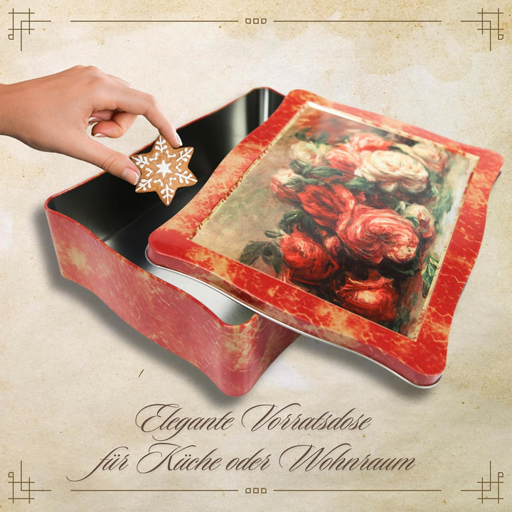 Rosendose - bezaubende, rot melierte Gebäckdose mit Rosen auf dem Deckel - lebensmittelecht - Keksdo