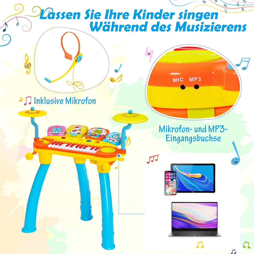 GOPLUS Kinderkeyboard mit Schlagzeug & Hocker, 24-Tasten Klaviertastatur mit 4 Trommeln, 2 Becken, 2