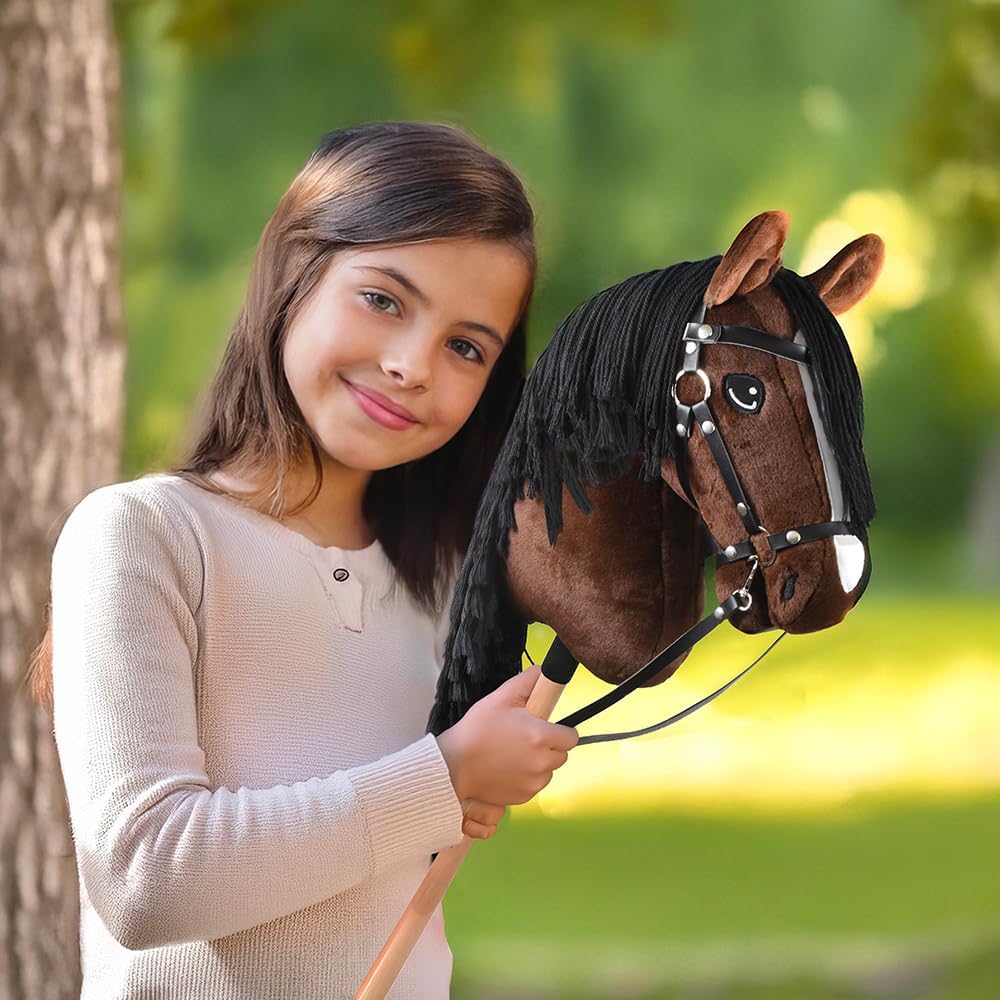 Hobby Horse Bai braun schwarze Haare, komplettes Stickpferd mit Netz, Gebiss, Zügel und Schwimmer, P