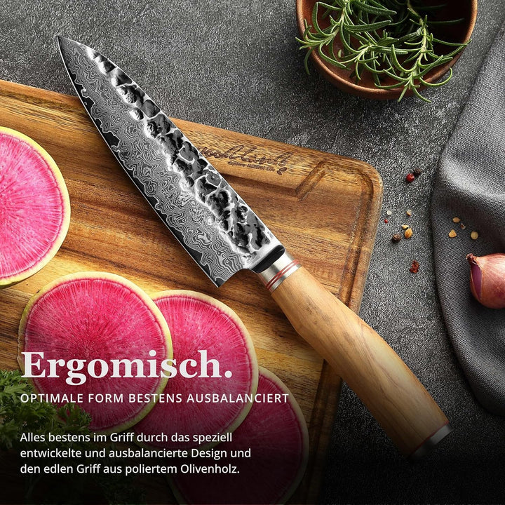 Wakoli Olive Santoku Messer aus echtem Damaststahl (VG10 Kern) 17cm Klinge – Scharfes Damast Küchenm