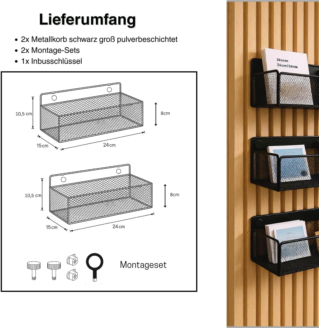 Wandkorb Metall schwarz– Metallverschraubung – kein Bohren – Zubehör für Akustikpaneele (2er Set Gro