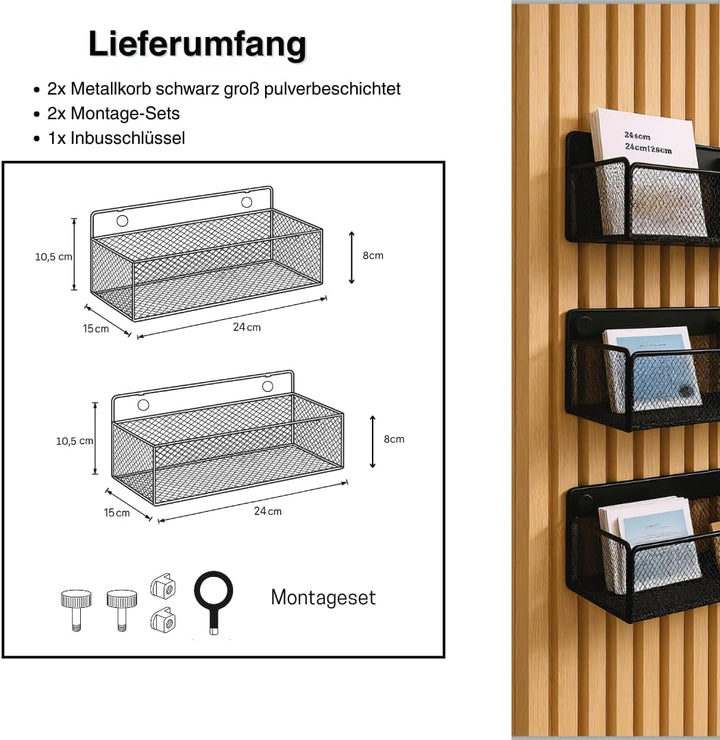 Wandkorb Metall schwarz– Metallverschraubung – kein Bohren – Zubehör für Akustikpaneele (2er Set Gro