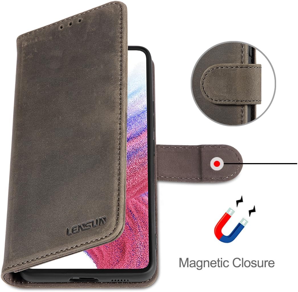 LENSUN Echtleder Hülle für Samsung Galaxy A53, Handyhülle [Echtes Leder][Standfunktion][RFID Briefta
