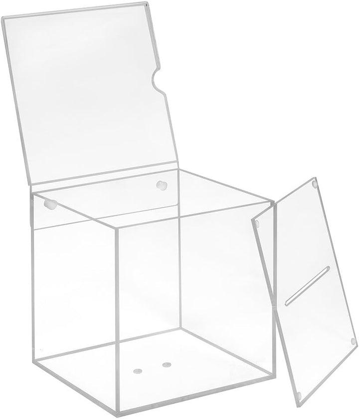 Losbox aus Acrylglas in 150x150x150mm mit Schloss und Topschild 150x150mm - Zeigis® / Spendenbox/Akt