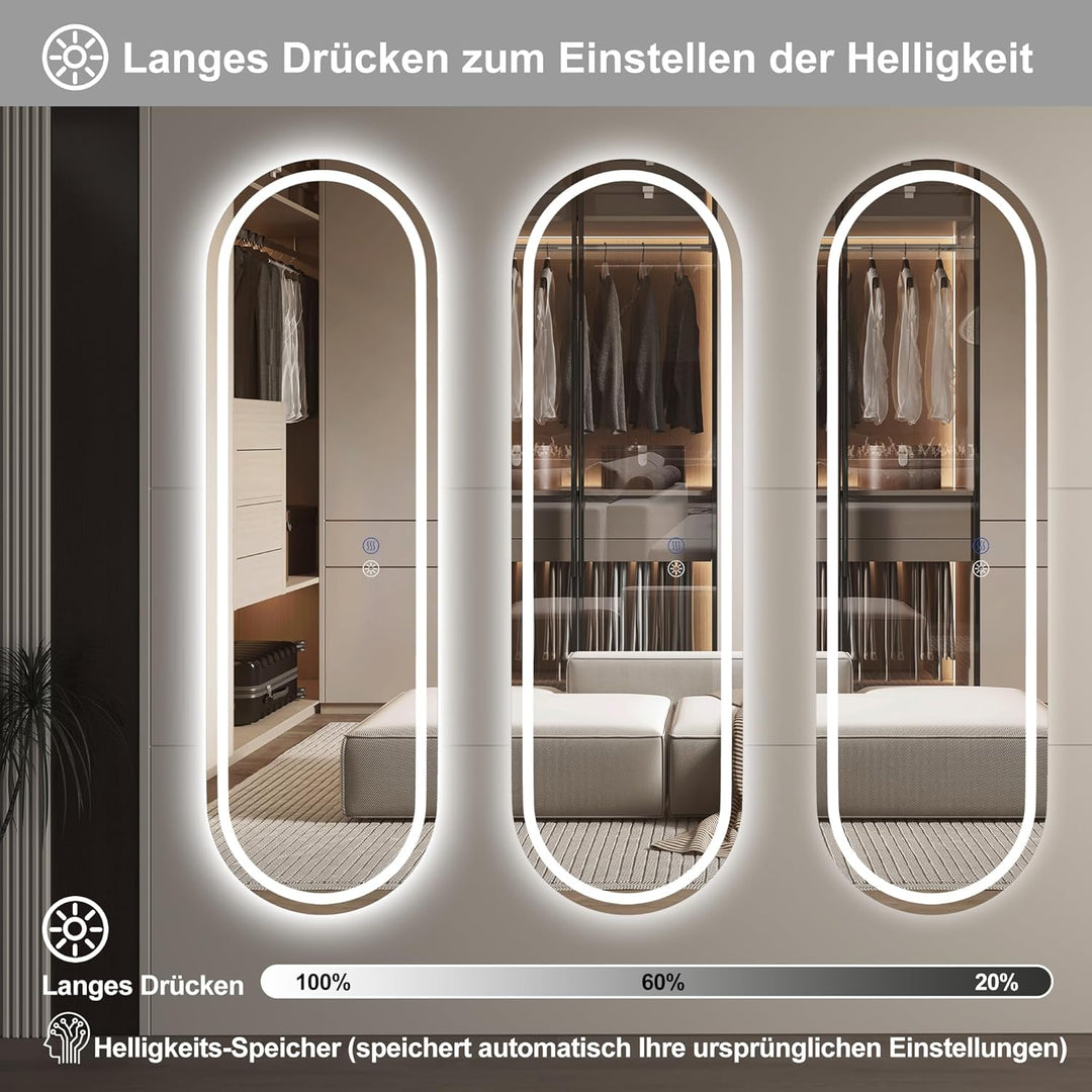 Badspiegel mit Beleuchtung,150x40 cm Spiegel Mit Beleuchtung,Oval LED Spiegel, Wandspiegel mit Dreif