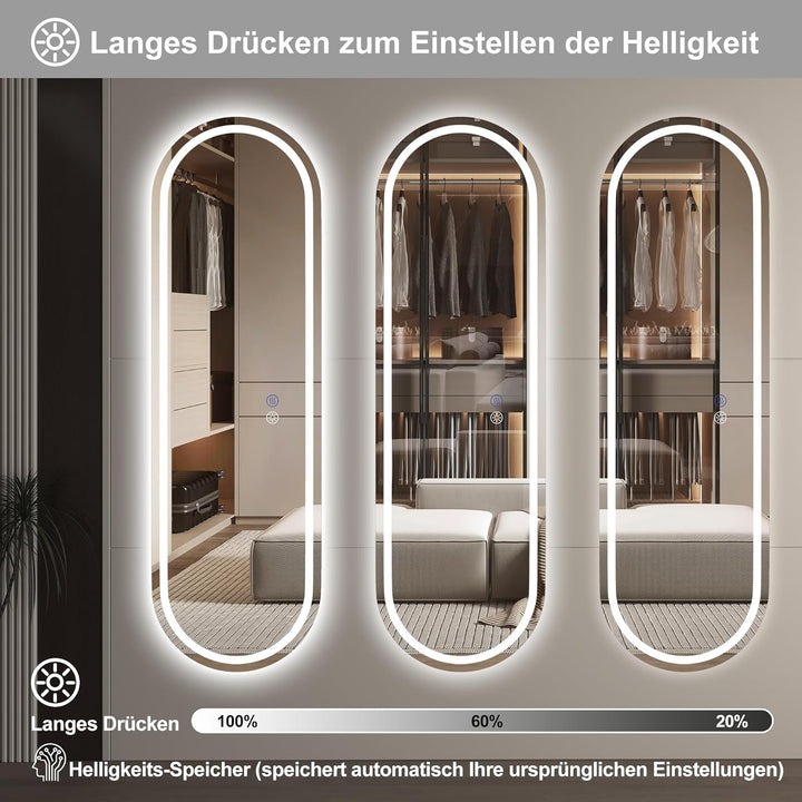 Badspiegel mit Beleuchtung,150x40 cm Spiegel Mit Beleuchtung,Oval LED Spiegel, Wandspiegel mit Dreif