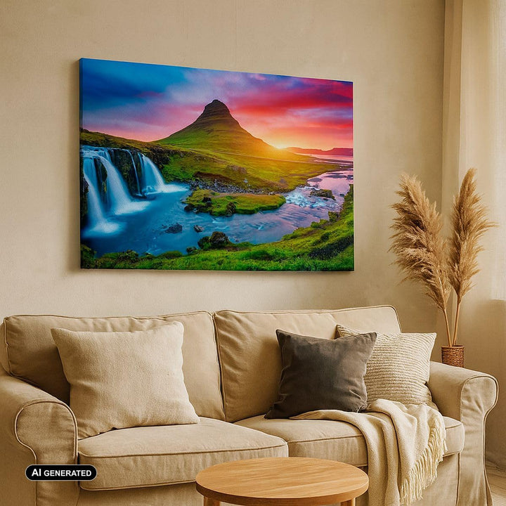 Bilder auf Leinwand Sonnenuntergang Wasserfall Island Vulkan Leinwandbild 70x50cm Wandbilder Dekorat