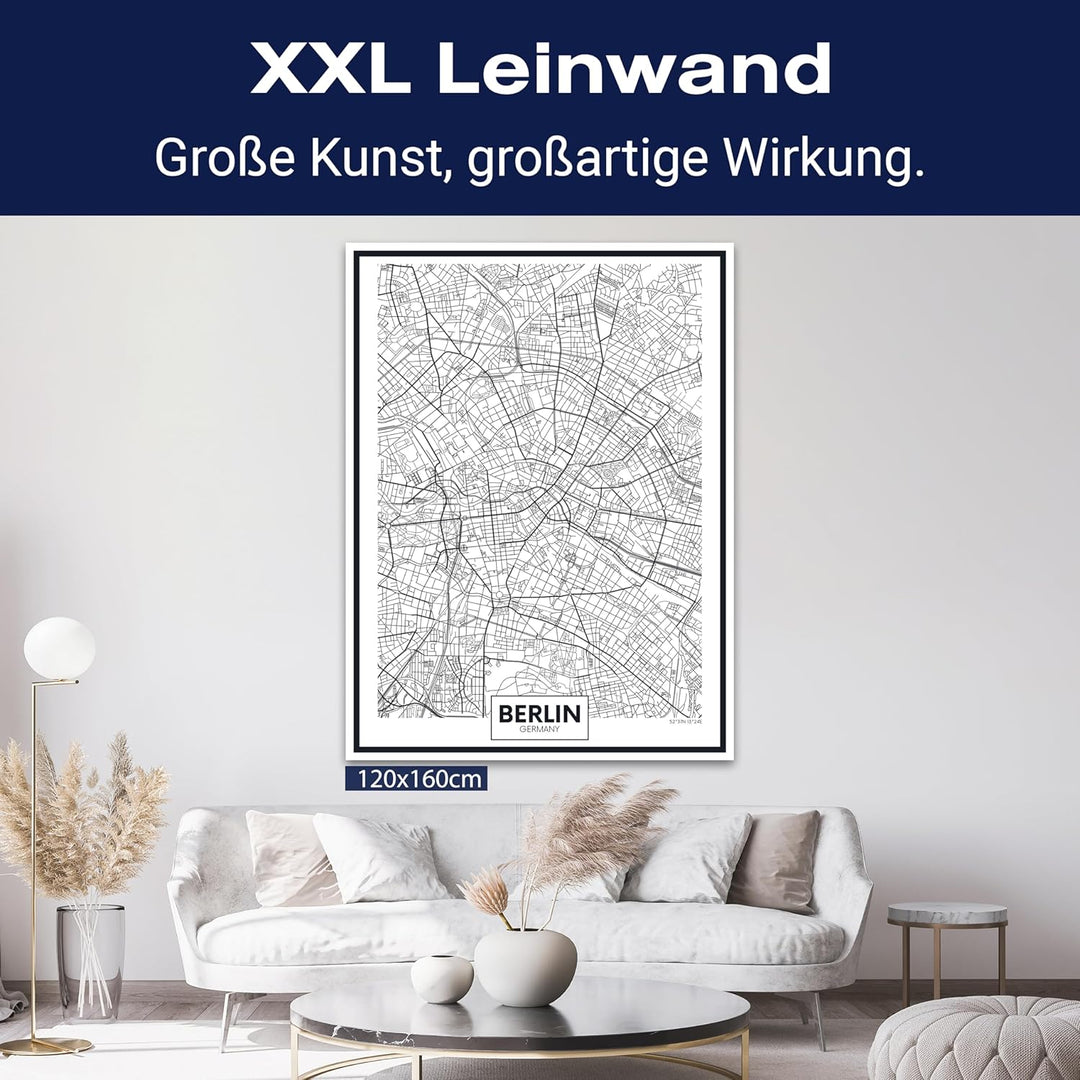 wandmotiv24 Stadt Karte als Leinwandbild, 100x75cm, Hochformat, Berlin, Deutschland, Hauptstadt, BLN