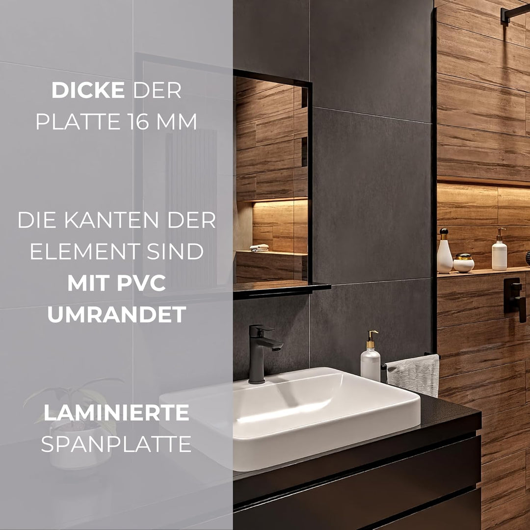 Badspiegel mit Ablage Schwarz - H:70 x B: 60 cm - Bathroom Mirror - Moderner Badezimmer Spiegel Rech