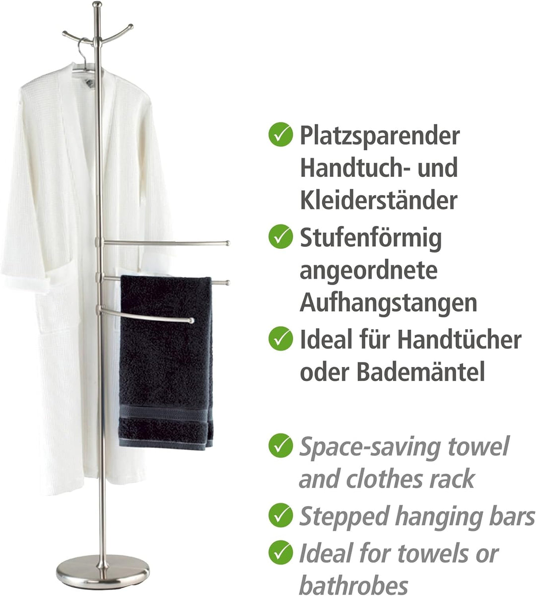WENKO Handtuchständer Adiamo mit 3 Armen - Garderobenständer, höhenverstellbare Arme, 2 Aufhängehake