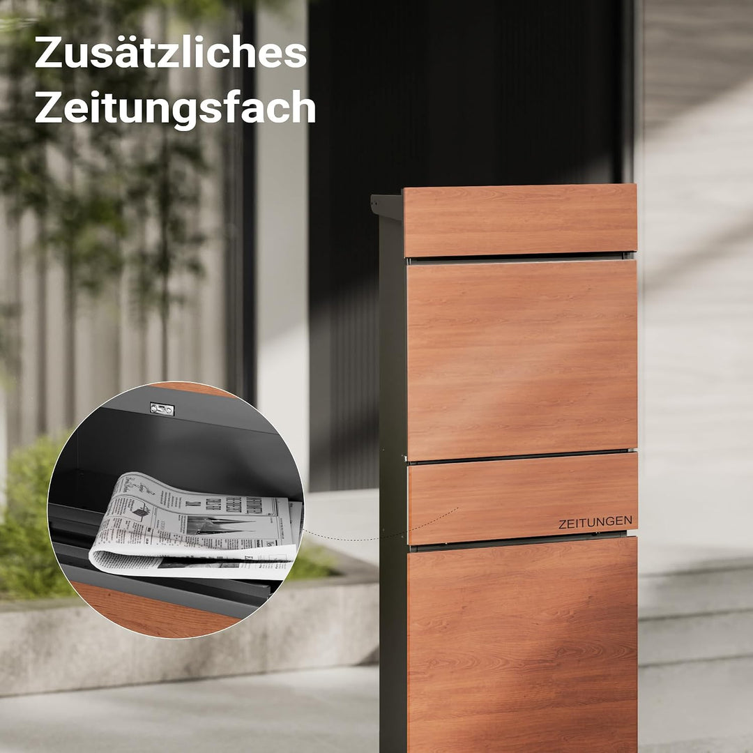 Wiltec Standbriefkasten mit Zeitungsrolle in Holzoptik 395 x 142 x 1150 mm aus Stahl, Briefkasten mi