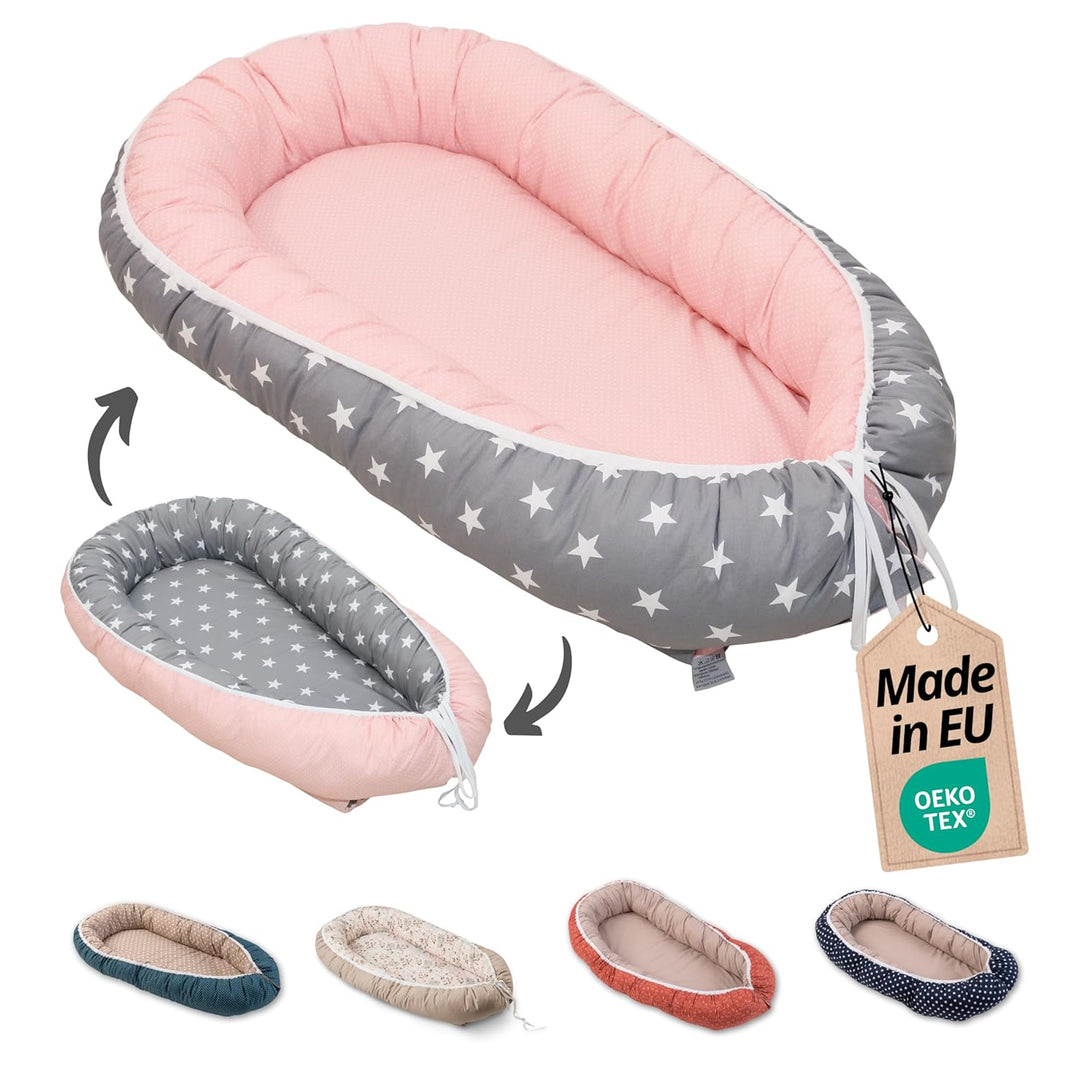 ULLENBOOM ® Babynest & Kuschelnest (55x95 cm) Rosa Grau (Made in EU) - Baby Nestchen aus Baumwolle,