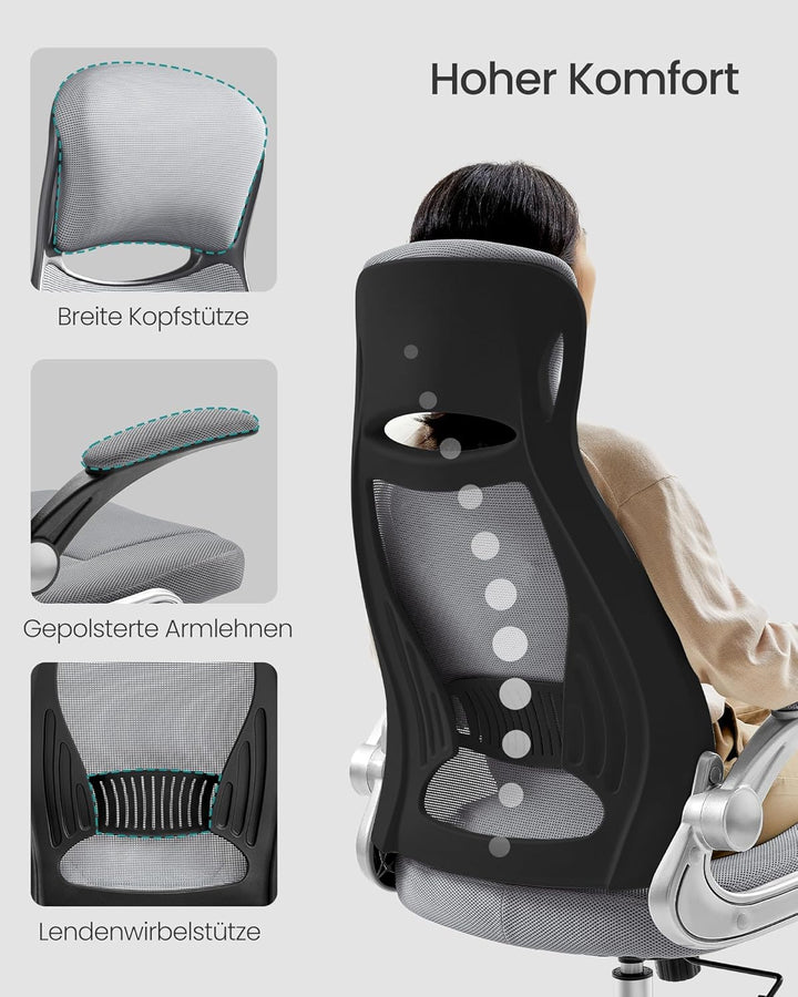 SONGMICS Bürostuhl, Drehstuhl, Chefsessel mit klappbaren Armlehnen, Kopf- und Lendenstütze, neigbar,