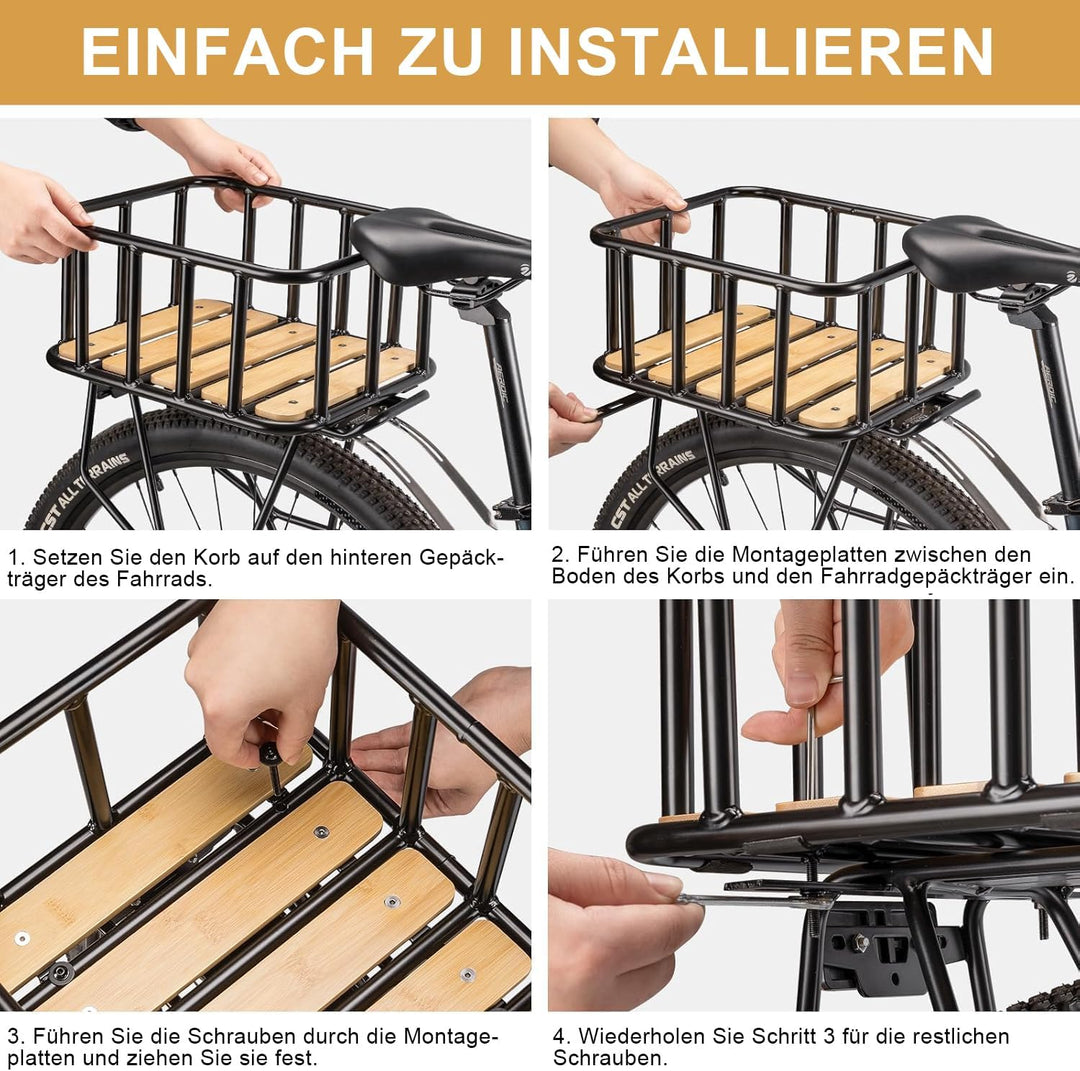 CXWXC Fahrradkorb Hinten – Grosser Gepäckträger-Korb mit Holz-Boden, wasserdichter Abdeckung & Cargo