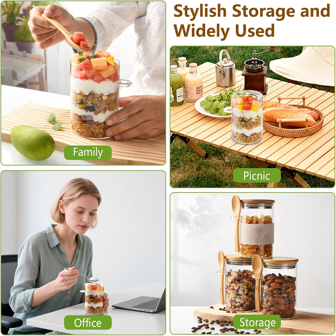 YBCPACK 4 Stück Overnight Oats Gläser 500ml, Vorratsgläser mit Bambusdeckel & Löffel, auslaufsichere