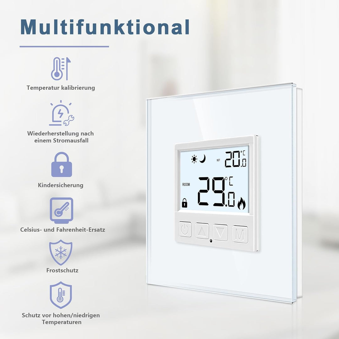 CNBINGO Digitaler Raumthermostat Unterputz mit Fühler, Thermostat für Wasser Fussbodenheizungen und