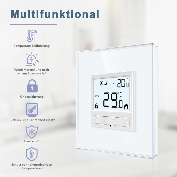 CNBINGO Digitaler Raumthermostat Unterputz mit Fühler, Thermostat für Wasser Fussbodenheizungen und