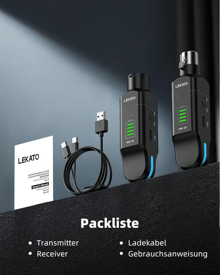LEKATO 2,4 GHz Funkmikrofonsystem, XLR Sender Empfänger, 48V Phantomspeisung, für Kondensator & Dyna