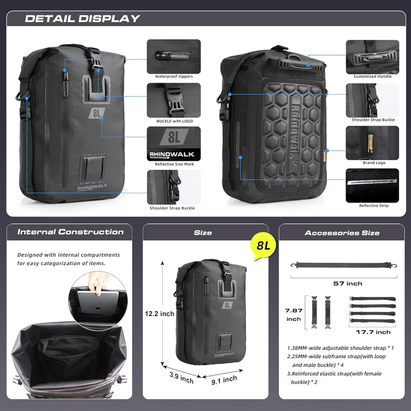 Rhinowalk Motorrad Sitztasche 8/15/30L Wasserdicht Motorradtasche Satteltaschen Gepäckträgertaschen
