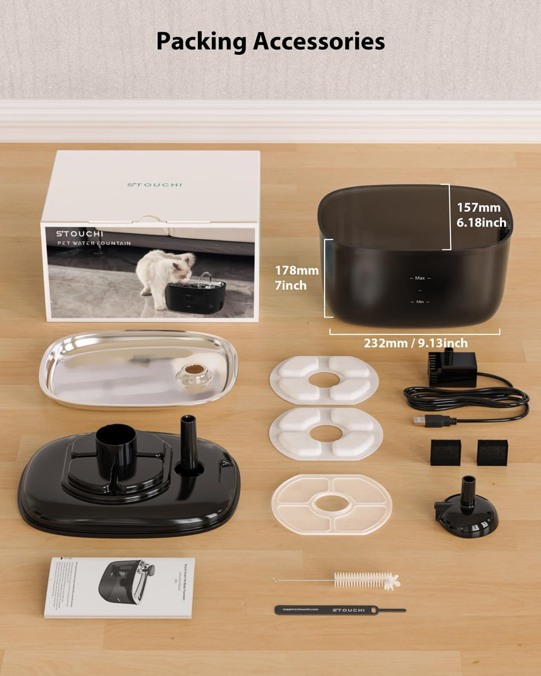 Stouchi Katzenbrunnen,Super Leise Edelstahl Trinkbrunnen für Katzen 2.5L Trinkbrunnen für Katze,LED