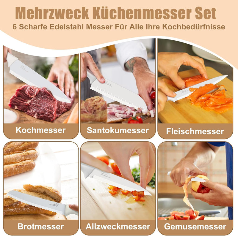TEAMFAR Messer 6-teilig, Edelstahl Küchenmesser Set mit Schutzhülle, Scharfe Messerset mit Kochmesse