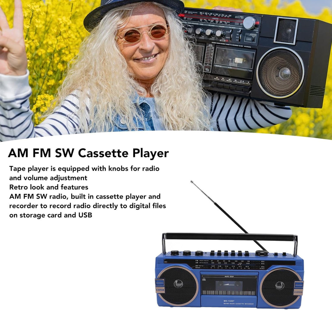 Kassetten Boombox, Retro Blueooth Boombox mit USB, SD und 3,5 Mm AUX Eingang, AM FM SW Kassettenspie
