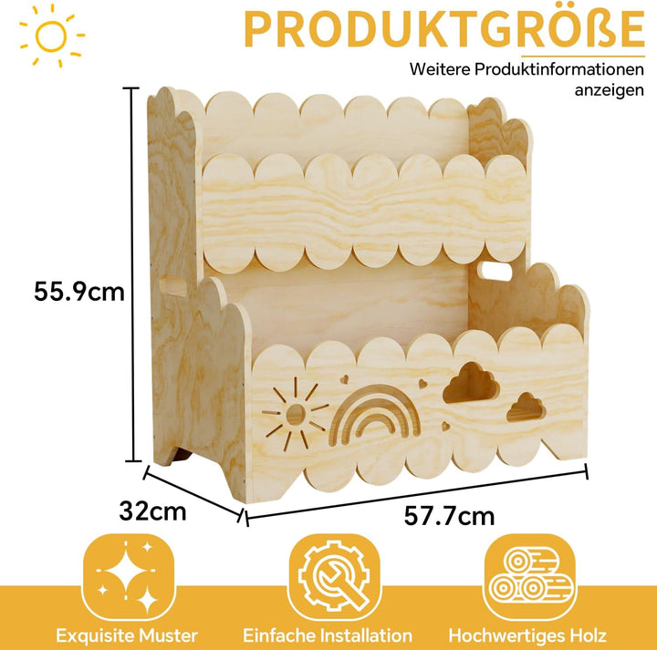2-stöckiges Kinderbücherregal aus Holz, Montessori-Bücherregal | Geeignet für Kinderzimmer, Kinderga