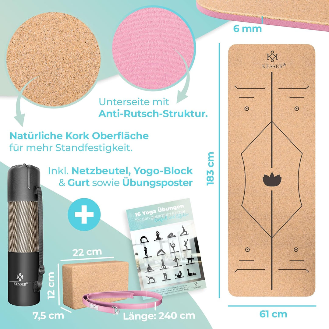 KESSER® Yogamatte Kork Inkl. Tragegurt Tasche & Yoga-Block Gymnastikmatte Yoga Matte rutschfest aus