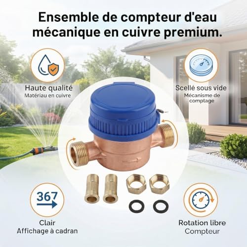 Garten-Wasserzähler Kupfer-Wasserzähler 1.5m3/h 0-40℃ Mechanischer Wasserzähler 15mm 1/2 Zoll Wasser