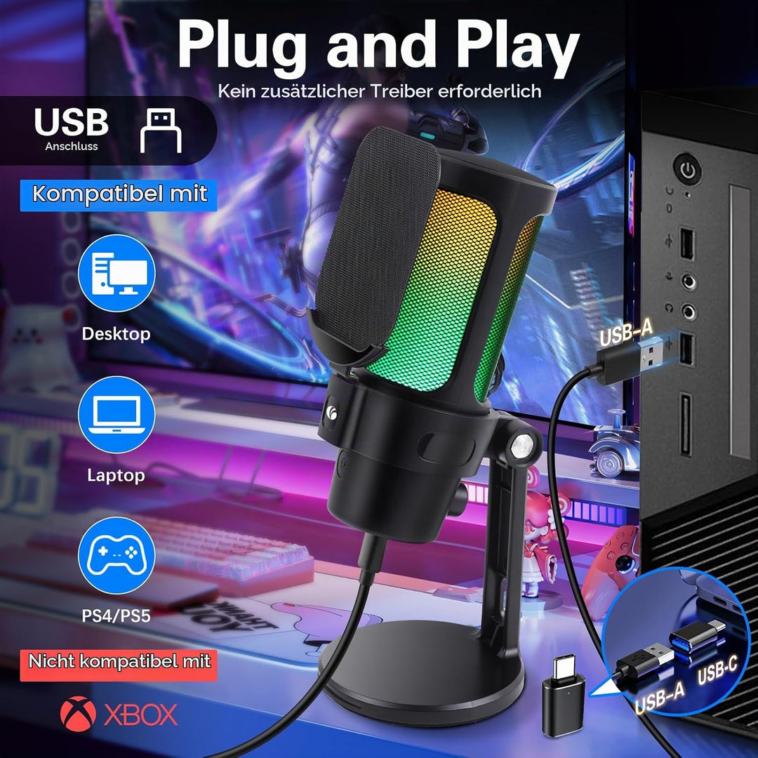 VCOM Gaming Mikrofon PC, RGB USB Mikrofon mit Mute, Pop-Filter, Gain, Gaming Zubehör Microphone für
