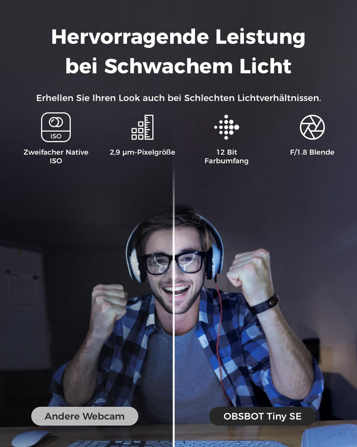 OBSBOT Tiny SE 1080P 100FPS Webcam für PC, AI Tracking PTZ Streaming Kamera mit 1/2,8" Sensor, Geste
