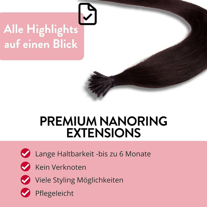 hair2heart Premium Nanoring Extensions Echthaar glatt - 25 Strähnen 0.8g 50cm 4/0 mittelbraun 50cm 2