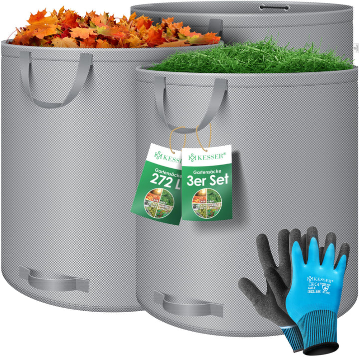KESSER® Gartensack 3x 272L Set Laubsack Gartenabfallsack inkl. Handschuhe - Selbststehend 4 Griffe S