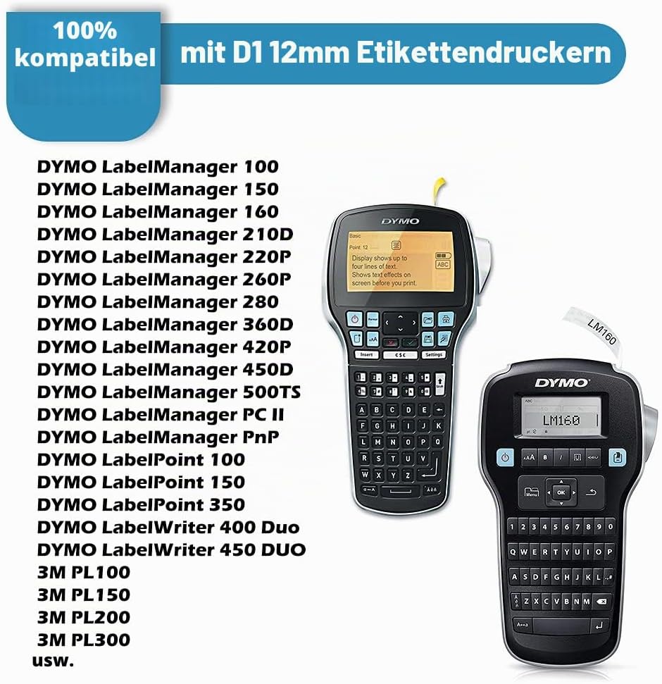 5x Hehua D1-Etikettenband Ersatz für Dymo d1 45013 12mm x 7m, Schwarz auf weiss 45013s S0720530 Etik