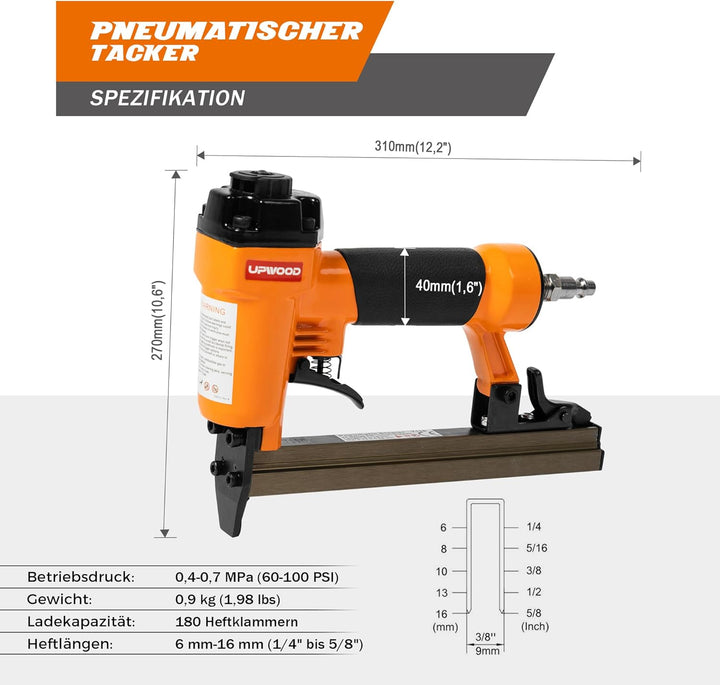 UPWOOD 7116 Pneumatischer Heftgerät, 22 Gauge, 3/8 Zoll Krone, 1/4 Zoll bis 5/8 Zoll Länge, luftbetr