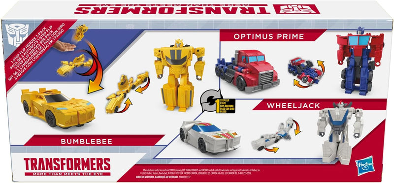 Transformers Spielzeug 1-Step Flip Heroes 3er-Pack, Wheeljack, Bumblebee und Optimus Prime, 10 cm gr