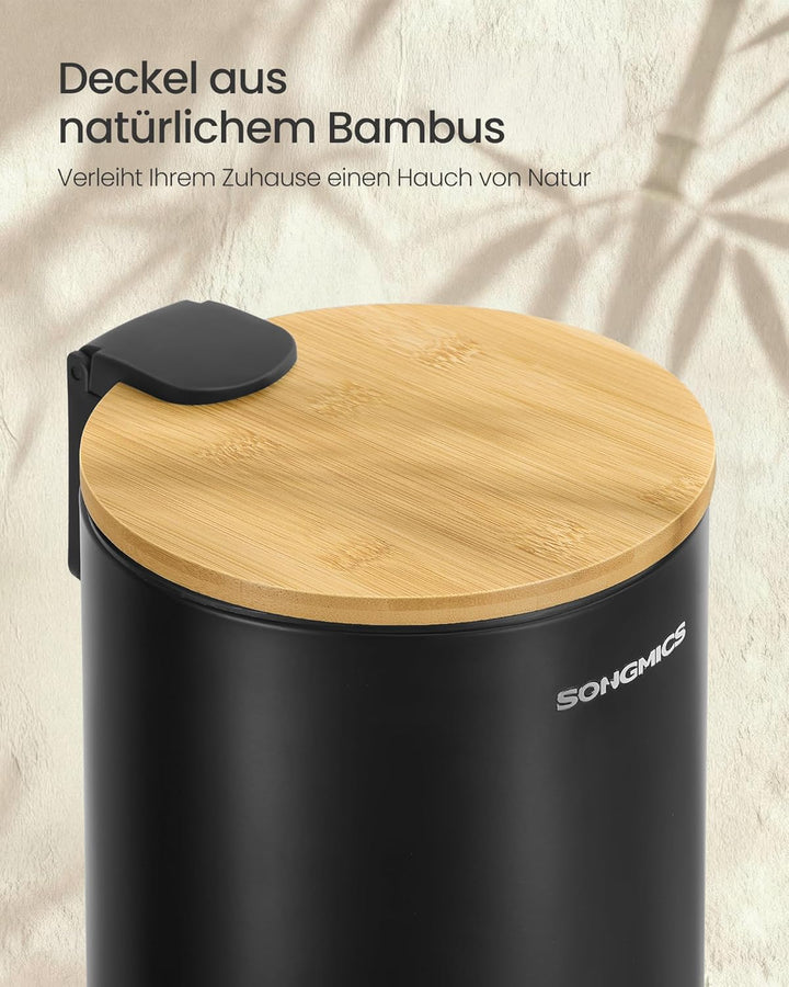 SONGMICS Kosmetikeimer, Mülleimer Bad, mit Deckel aus Bambus, Tretmülleimer mit Metallpedal, Innenei