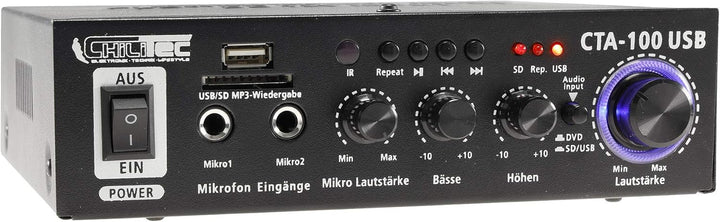 ChiliTec HiFi Verstärker Bluetooth USB CTA-100 100W Aux IN 230V / 12V Betrieb PC Camper Werkstatt He