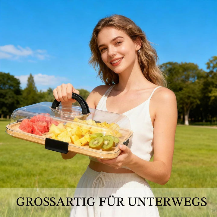 Charcuterie Board mit Deckel – Tragbares Snackbrett mit 6 Fächern &amp; Transparentem Deckel – Reversibl