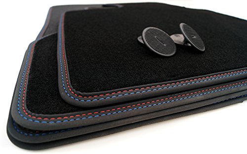 Fussmatten für BMW F30 F31 F80 M3 Premium Velours Automatten mit Doppelnaht Rot Blau 4-teilig Origin
