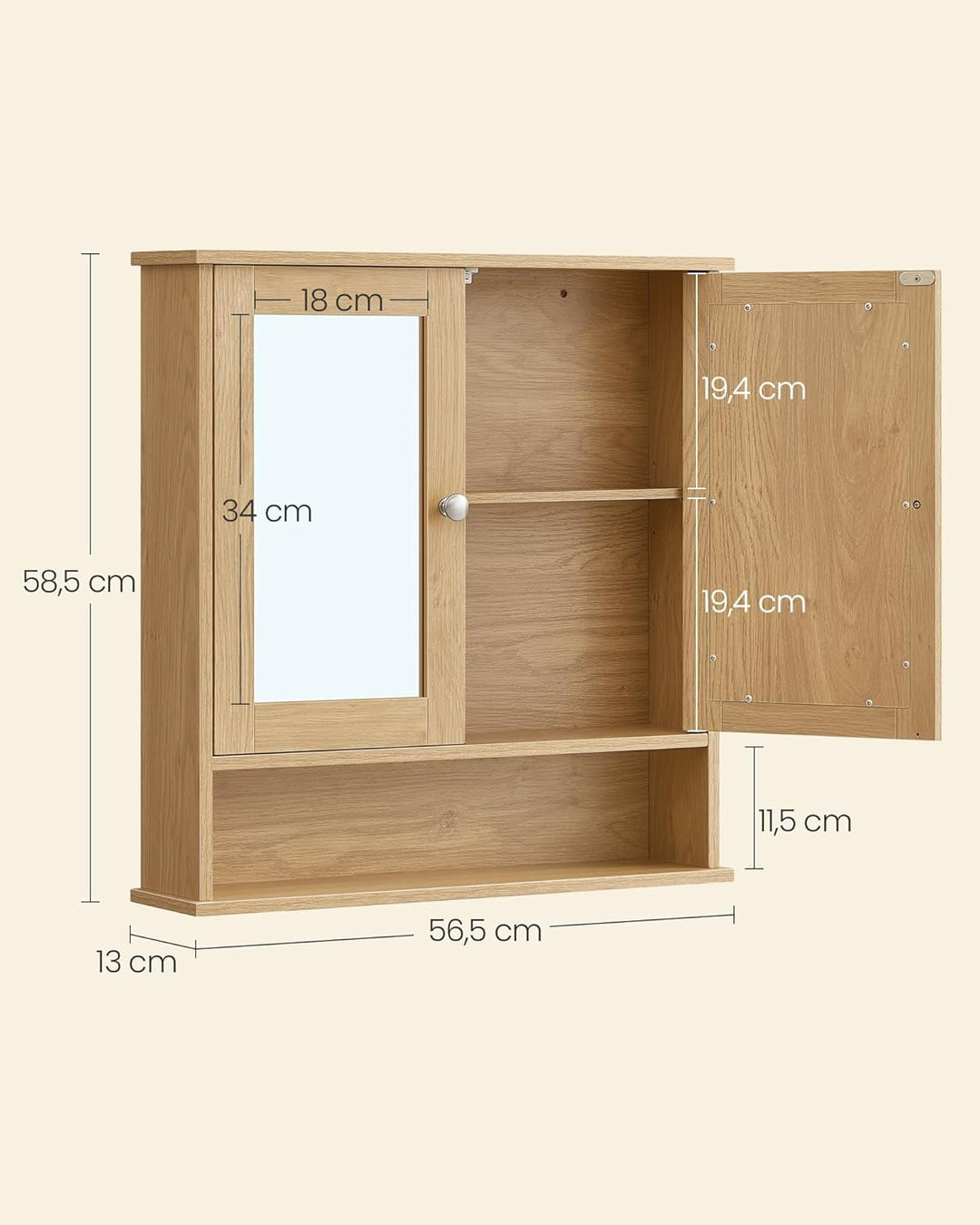 VASAGLE Spiegelschrank, Badschrank, Wandschrank, Hängeschrank mit 2 Spiegeltüren und offenem Fach, v