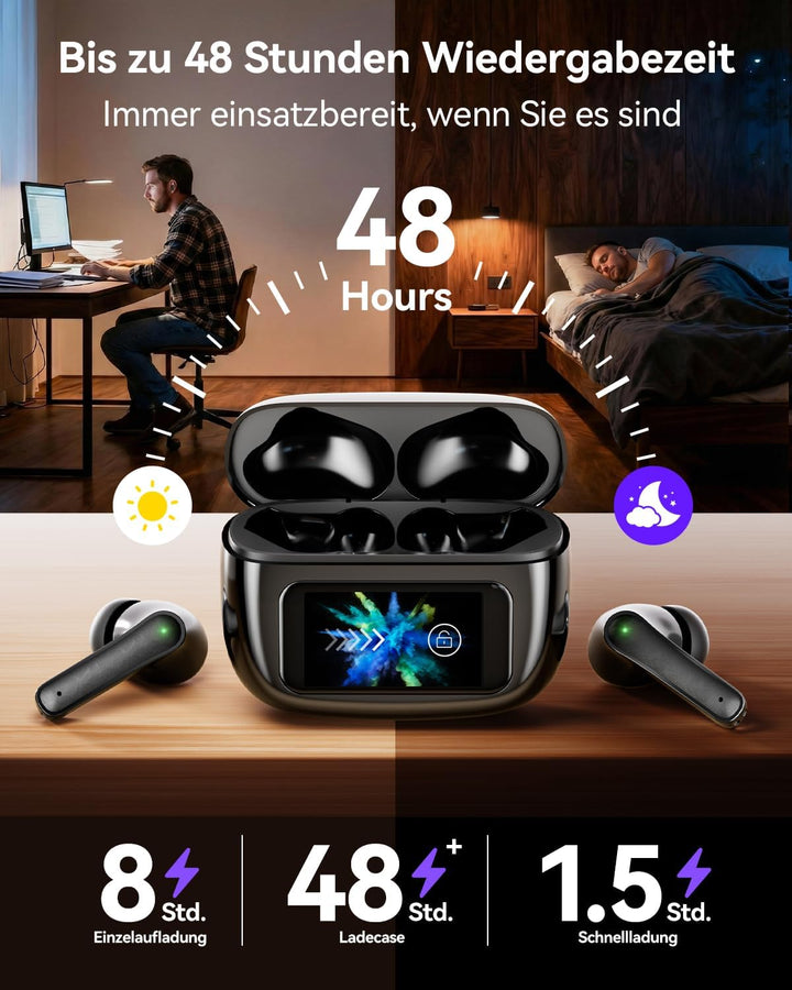 ZIUTY Kopfhörer Kabellos Bluetooth 5.4, In Ear Ohrhörer mit Touchscreen Display, ANC & ENC Mikrofon,
