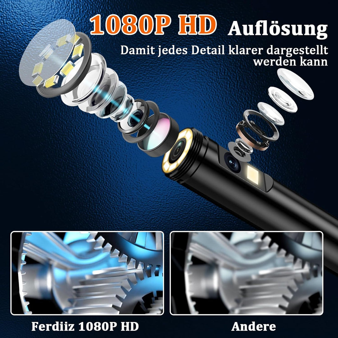 Endoskopkamera mit Licht Ferdiiz, 1080P HD Doppellinsen-Inspektionskamera mit 4,3-Zoll-IPS-Bildschir