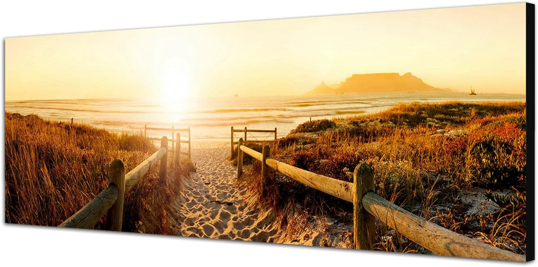 Paul Sinus Art Panoramabild auf Leinwand und Keilrahmen 150x50cm Dünen Strand Sonnenuntergang Meerbl
