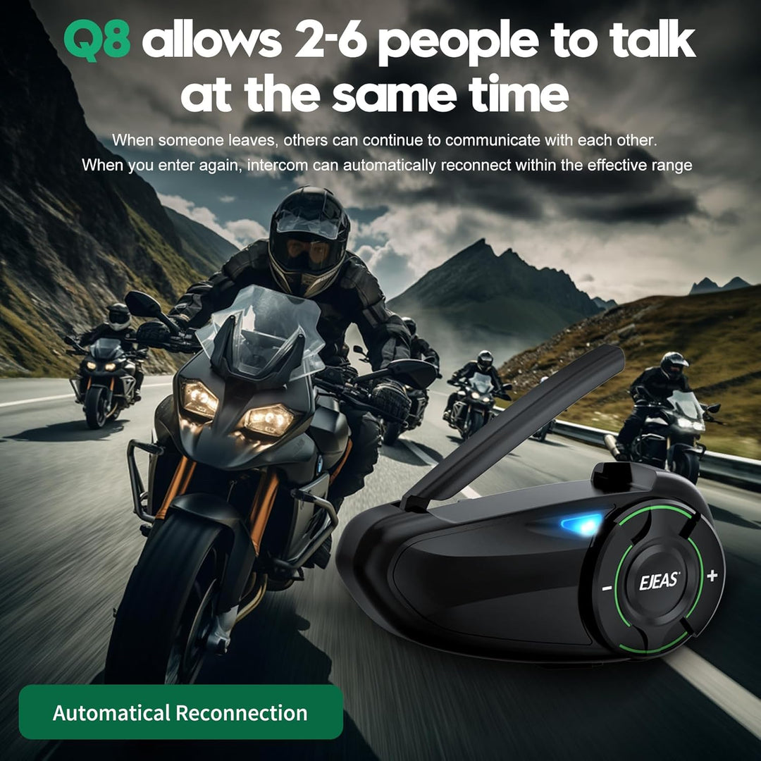 EJEAS Q8 Mesh Motorrad Bluetooth Headset, Helm Intercom für bis zu 6 Motorradfahrer Kommunikationssy