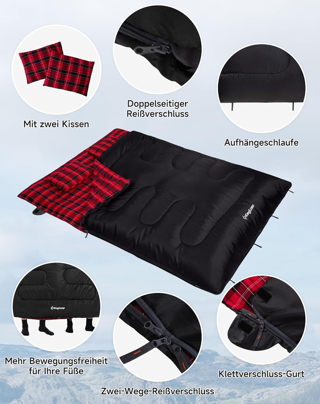 KingCamp Doppelschlafsack Baumwolle Flanell Winter Schlafsack 2 Personen Warmer Deckenschlafsack 3-4