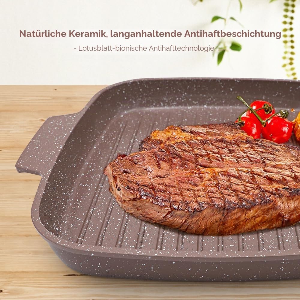 Grillpfanne Induktion mit Deckel 26 x 24 cm, Antihaft Keramikbeschichtung Grill Pfanne mit Abnehmbar
